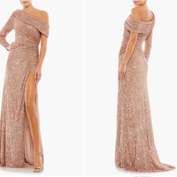 MAC DUGGAL 26571 OFF THE SHOULDER ONE LONG SLEEVE SEQUIN COPPER GOWN sz 4 - Picture 4 of 4